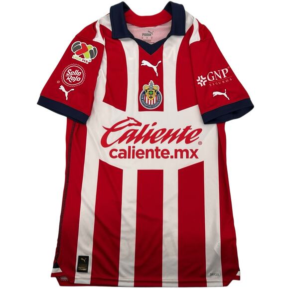 Men's Small Chivas Puma 2023/24 Home Replica Jersey - Red White Striped Collared - Picture 1 of 11